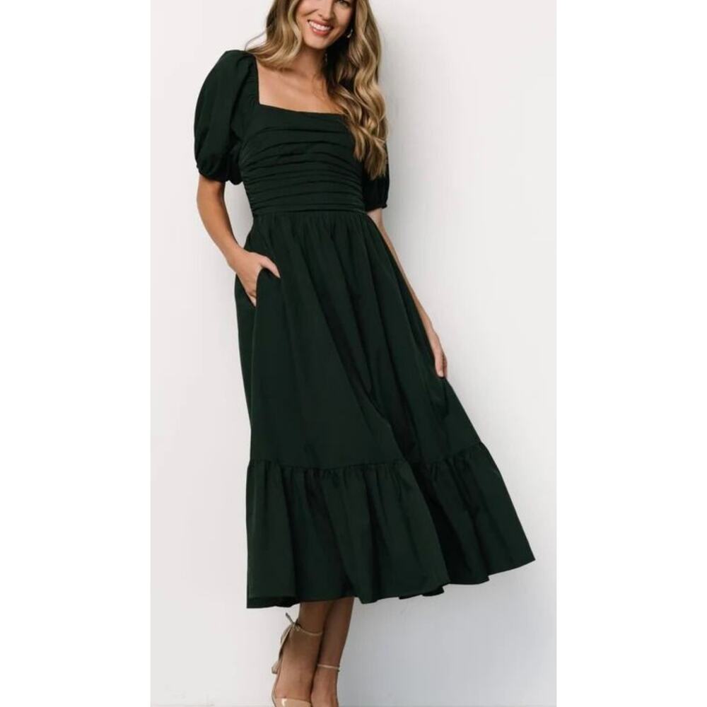 Baltic Born NEW Andrea Pleated Midi Dress Forest Green Puff Sleeve M Romantic